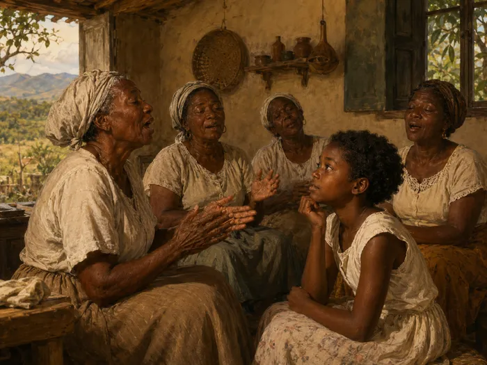 Menina negra ouvindo mulheres cantarem durante uma reunião familiar no interior do Rio de Janeiro