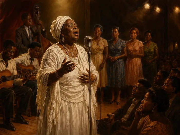 Cantora negra madura interpretando samba em um pequeno teatro diante de músicos e coro