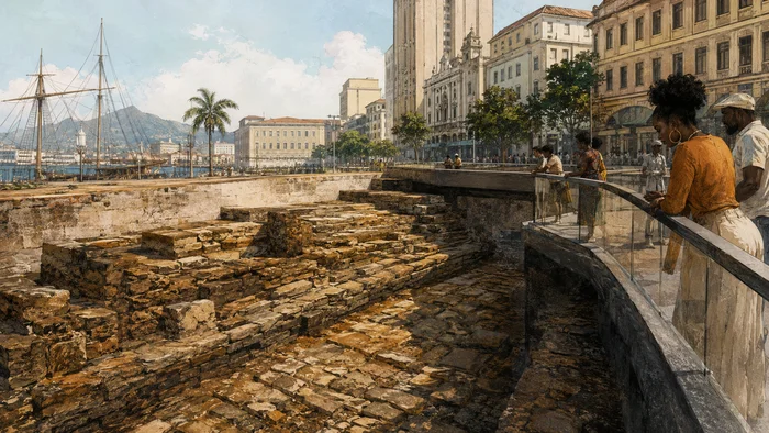 Cais do Valongo com camadas arqueológicas e visitantes observando o sítio histórico