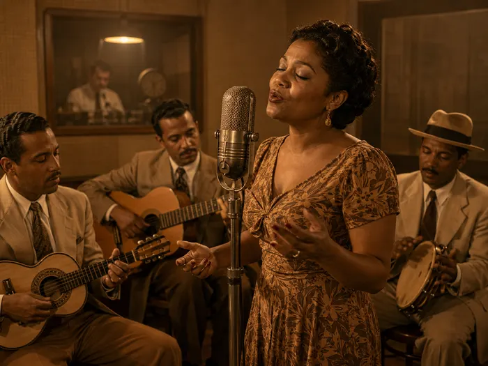 Cantora de samba diante de microfone antigo acompanhada por cavaquinho, violão e pandeiro em estúdio de rádio