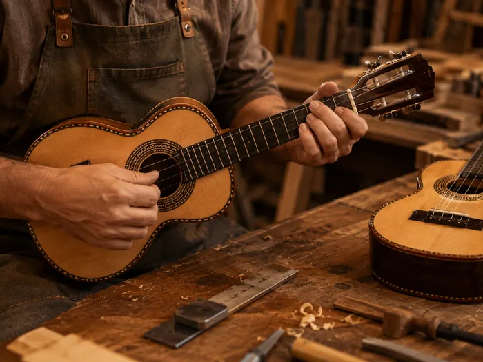 Luthier ou músico testando cavaquinho em bancada de oficina