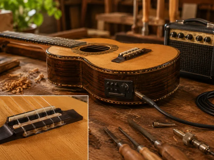 Cavaquinho eletroacústico com pré-amplificador, cabo e detalhe do piezo sob o rastilho