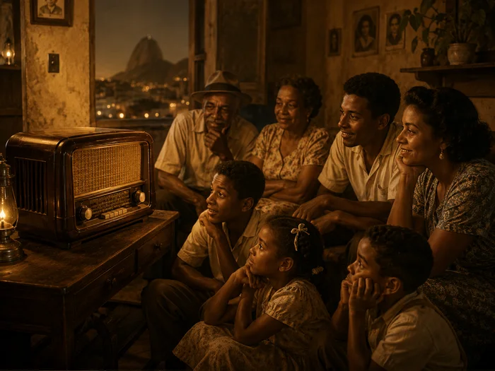 Família reunida à noite em torno de um rádio antigo ouvindo uma transmissão de samba