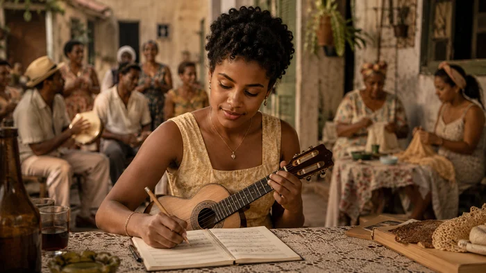 Jovem compositora negra escrevendo música com um cavaquinho em ambiente inspirado na Serrinha