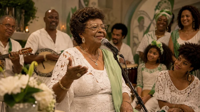 Cantora negra madura interpretando samba diante de músicos e de mulheres de diferentes gerações