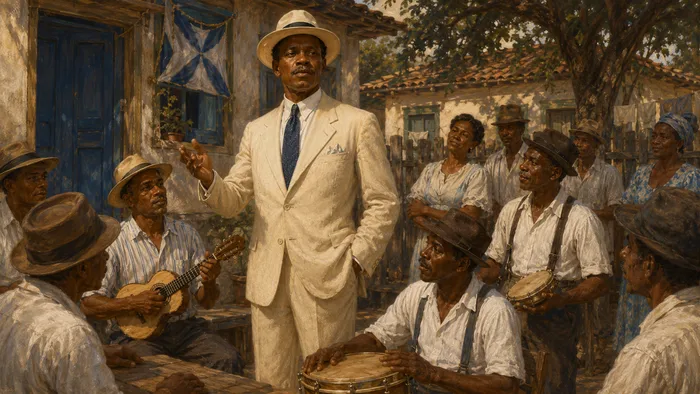 Líder negro orientando integrantes de um grupo de samba em uma rua de Oswaldo Cruz